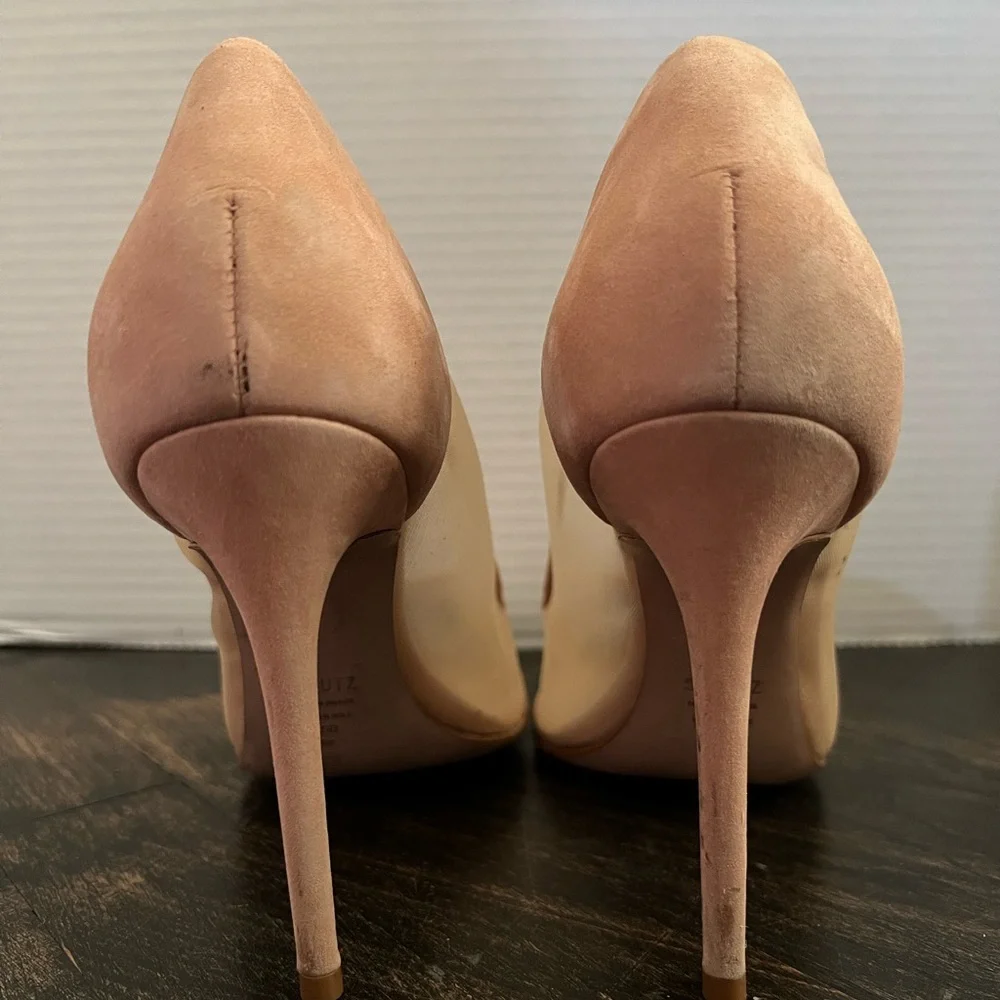 Women’s Schutz Myrine Nubuck Beige Nude Mesh Leather High Heel Sexy Pump 7.5